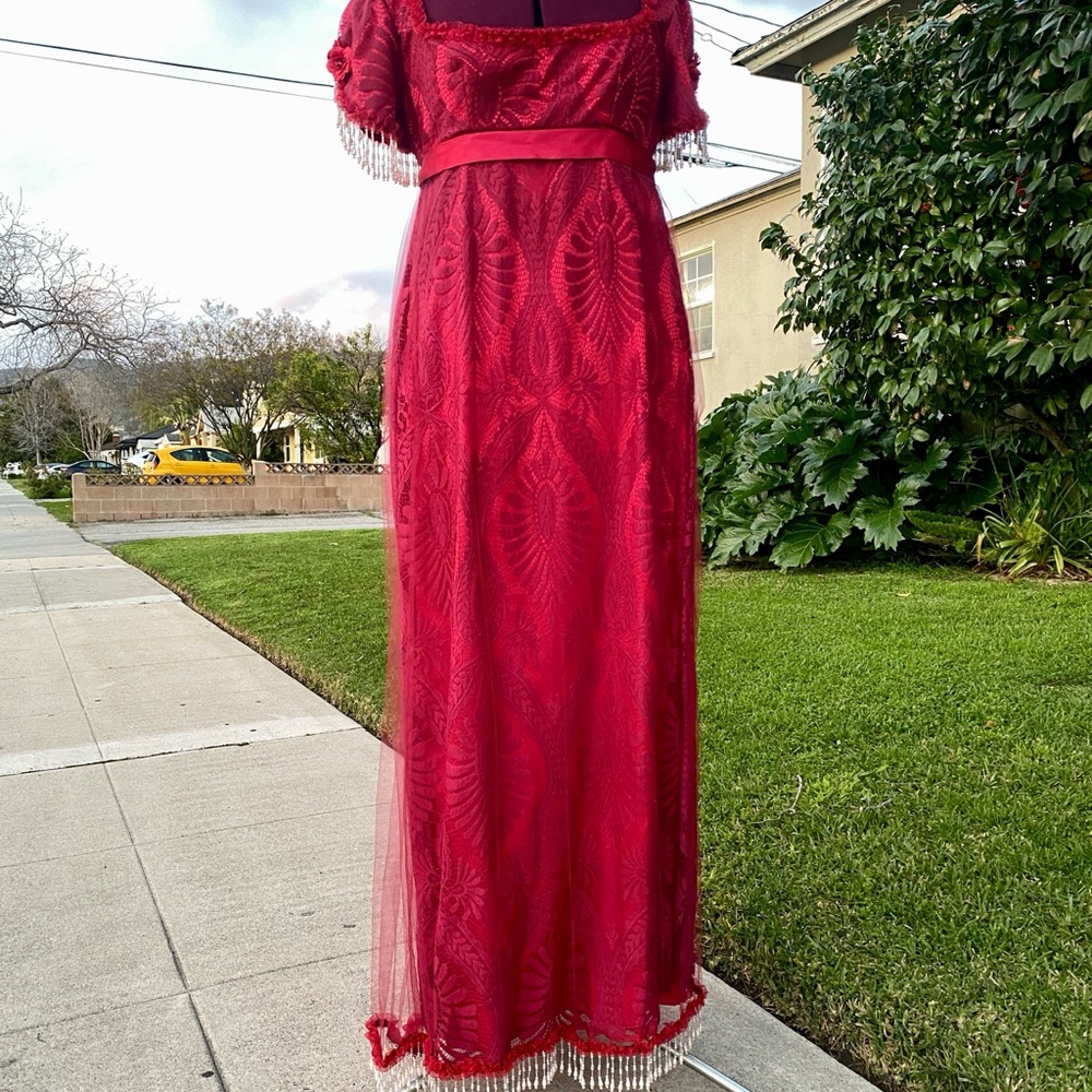 Elegant Bridgerton-Style Red Fantasy Evening Gown